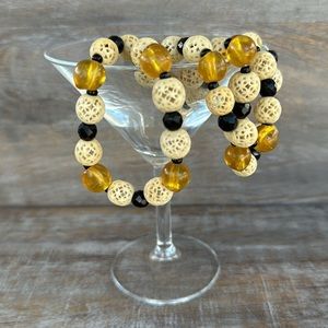 Vintage Necklace - Carved Bone, Handmade Lampwork Yellow Glass and Black Beads
